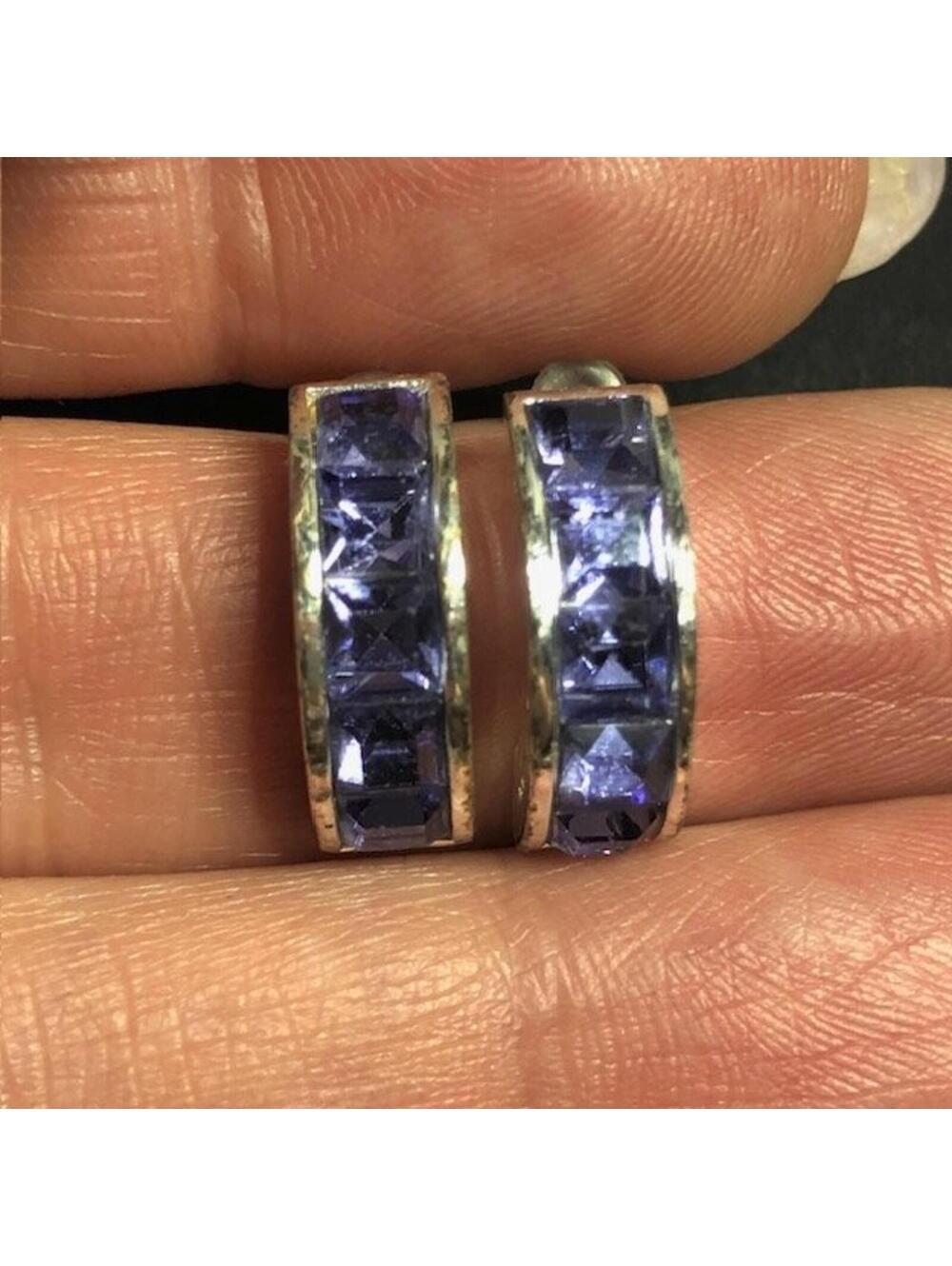 B0782 Roman Silvertone curved Earrings Purple Princess Cut Rhinestones 20mm